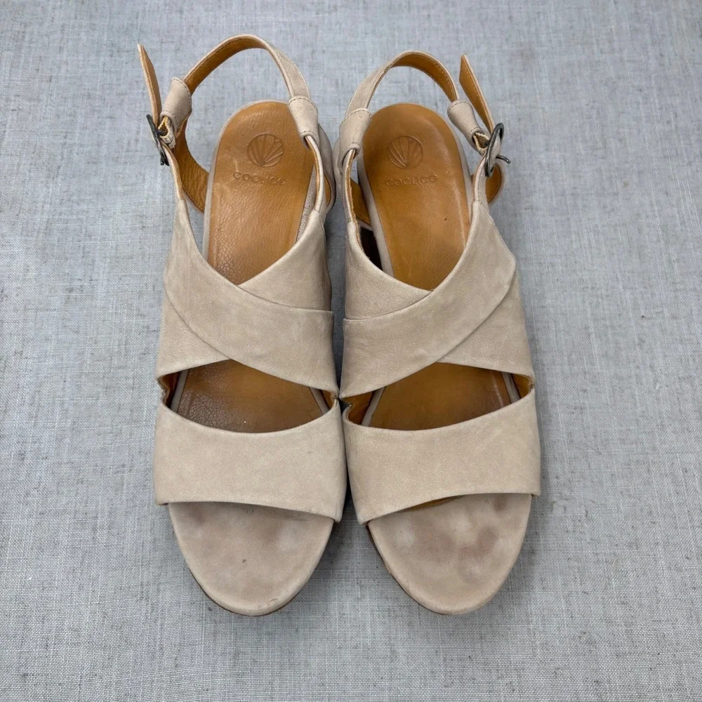 Coclico Melania Cork Wedge Sandals Beige Nubuck Slingback Platform EU 39